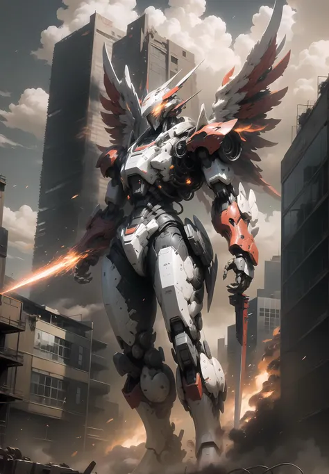<lora:Mecha:1>sky, cloud, holding_weapon, no_humans, glowing, , robot, building, glowing_eyes, mecha, science_fiction, city on fire, realistic, mecha, red parts, black parts, mechanical wings, robot wings,
