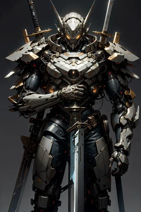 (masterpiece, best quality:1.3),extremely high detailed, intricate, 8k, HDR, wallpaper, cinematic lighting, <lora:Mecha:1> ,large sword, glowing, glowing eyes, mecha, realistic, <lora:CyberPunkAI:0.5>