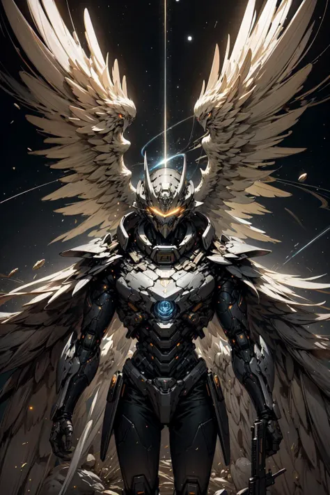 (masterpiece, best quality:1.3),extremely high detailed, intricate, 8k, HDR, wallpaper, cinematic lighting, <lora:Mecha:1> ,(universe:1.4),gun,(firing), glowing, armor, glowing eyes, mecha, large wings,