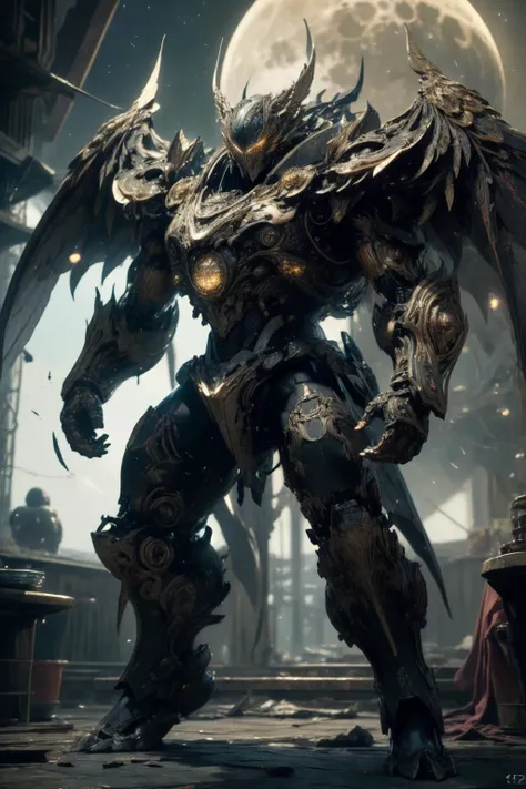 (best quality, 4k, 8k, highres, masterpiece:1.2), ultra-detailed, (realistic, photorealistic, photo-realistic:1.37), HDR, UHD, studio lighting, ultra-fine painting, sharp focus, physically-based rendering, extreme detail description, professional, vivid colors, bokeh, fantasy art, Surrealism, CG:1.2, perfect artwork, delicate pattern, (intricate detail, extremely intricate:1.2),
(universe), background moon, glowing, armor, glowing eyes, mecha, large wings, absurdres, highres, ultra detailed, <lora:EbonyGoldMecha:1>,