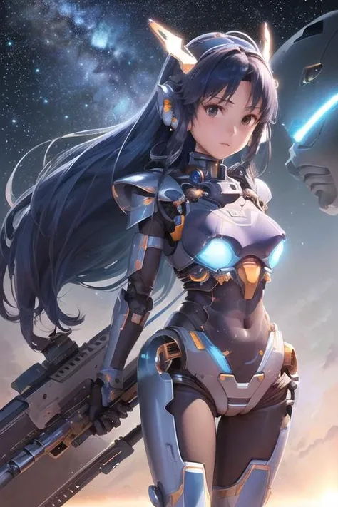 (photo-realistic, ultra realistic 8k CG:1.2),perfect artwork, delicate pattern, (best quality, intricate detail, extremely intricate:1.2), cinematic lighting, ((( poster))),
1girl, (Chihaya:1.4),(small breasts:1.5), (dark blue hair, long hair, floating hair, wind hair:1.3), skinny, brown eyes, (beam rifle:1.2, sniper rifle:1.3, aiming:1.5), (firing:1.2),
- (horizon, distant),
- (robot , Mecha, mechanical breastplate, mechanical gauntlets, mechanical full armor, complex cyborg, glowing, parts, headgear, mechanical ears :1.4), blue leotard, LED, (universe, star (sky) :1.3), spaceship above,
<lora:GlassSteelMecha:1:fz3>,
<lora:mirishita-v2.1:0.7>, Chihaya Kisaragi