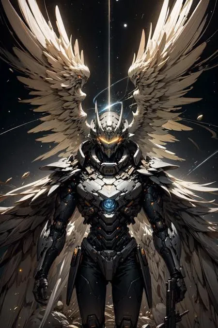 (masterpiece, best quality:1.3),extremely high detailed, intricate, 8k, HDR, wallpaper, cinematic lighting, <lora:Mecha:1> ,(universe:1.4),gun,(firing), glowing, armor, glowing eyes, mecha, large wings,