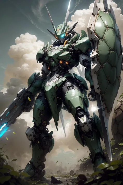 <lora:Mecha:1.1> from below, sky, cloud, holding_weapon, no_humans, glowing eyes,cowboy shot,solo, green Mecha,robot, bipedal, (turtle-shell),(giant shield), heavy plated armor, paladin, a railgun, swamp