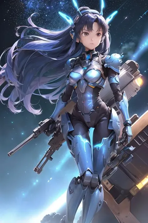 (photo-realistic, ultra realistic 8k CG:1.2),perfect artwork, delicate pattern, (best quality, intricate detail, extremely intricate:1.2), cinematic lighting, ((( poster))),
1girl, (Chihaya:1.4),(small breasts:1.5), (dark blue hair, long hair, floating hair, wind hair:1.3), skinny, brown eyes, (beam rifle:1.2, sniper rifle:1.3, aiming:1.5), (firing:1.2),
- (horizon, distant),
- (blue robot , Mecha, mechanical breastplate, mechanical gauntlets, blue mechanical full armor, complex cyborg, glowing, parts, headgear, mechanical ears :1.4), blue leotard, LED, (universe, star (sky) :1.3), spaceship above,
<lora:GlassSteelMecha:1:fz3>,
<lora:mirishita-v2.1:0.7>, Chihaya Kisaragi