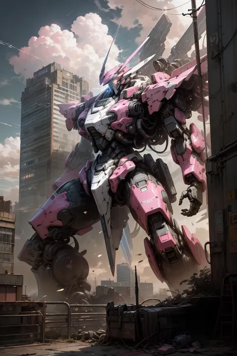 <lora:AstralMecha:0.5>, sky, cloud, holding_weapon, no_humans, glowing, , robot, building, glowing_eyes, mecha, science_fiction, city, realistic,light pink mecha
