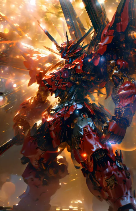 ((masterpiece)), (FRS), full body, (highly detailed ), 8k, HDR, Light light particles, bokeh, <lora:AstralMecha:1>, 1mecha, mecha, Giant Mecha, Red mecha, Samurai, Red Oni, outdoors, <lora:more_details:0.7> <lora:srd_v2_5_u:0.6>