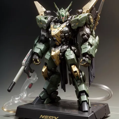 mecha, Award winning , product photography of (mecha toy figurine), green, gold and black <lora:Mecha:1>
