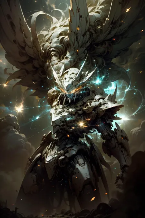 <lora:AstralMecha:1>, (masterpiece, best quality:1.3),extremely high detailed, intricate, 8k, HDR, wallpaper, cinematic lighting ,(universe), glowing, armor, glowing eyes, mecha, large wings,