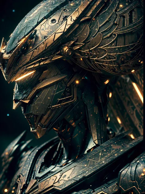 (masterpiece, best quality:1.3),extremely high detailed, intricate, 8k, HDR, wallpaper, cinematic lighting ,(universe), glowing, armor, glowing eyes, mecha, large wings, <lora:CircuitBoardMecha:1>, close up, stars, <lora:epi_noiseoffset2:1>, Art Nouveau