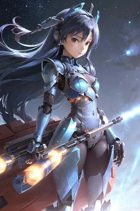 (photo-realistic, ultra realistic 8k CG:1.2),perfect artwork, delicate pattern, (best quality, intricate detail, extremely intricate:1.2), cinematic lighting, ( poster:1.2),
1girl, (Chihaya:1.4),(small breasts:1.5), (dark blue hair, long hair, floating hair, wind hair:1.3), skinny, brown eyes, (beam rifle:1.2, sniper rifle:1.3),
- (horizon, distant),
- (blue robot , Mecha, mechanical breastplate, mechanical gauntlets, blue mechanical full armor, complex cyborg, glowing, parts, headgear, mechanical ears :1.4), blue leotard, LED, (universe, star (sky) :1.3), spaceship above,
<lora:GlassSteelMecha:1:fz3>,
<lora:mirishita-v2.1:0.7>, Chihaya Kisaragi