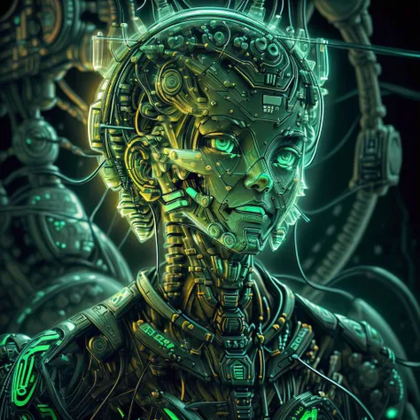 (portrait), 1 face, 8k ultrafine highly detailed wallpaper, masterpiece, glowing neon code effect around all bright color, surreal, neon color undertones, highly detailed short black hair, 1hairclip, ultrafine highly detailed green eyes, (highly detailed face), symmetrical face, (1 mechanical girl:1.5), (transparent surfaces and skins:1.5), (many mechanical gears and electronic components inside the body:1.4), (mechanical vertebra and cervial:1.3), solo, expressionless, (wires and cables from spine to arms:1.4), (mechanical arms of surgical machine around:1.2), (Circuit boards:1.4), (character focus:1.3)<lora:CircuitBoardMecha:1.0><lora:CircuitBoardMecha:1.0>