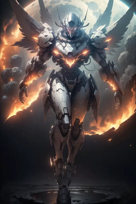 (8k,RAW photo,best quality, masterpiece:1.2),physically-based rendering,tyndall effect,surface reflection,metallic luster,looking at viewer,Extreme Close-Up,
(Mecha:1.1),full body,solo,glowing,armor,large wings,planet,fire,Universe,scientific discoveries,pastel colors,scifi,space,moon,
<lora:FireUniverse:0.5>,<lora:StealthMecha:0.8>,