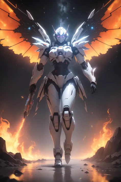 (8k,RAW photo,best quality, masterpiece:1.2),physically-based rendering,tyndall effect,surface reflection,metallic luster,looking at viewer,Boom Shot,
(Mecha:1.1),full body,solo,glowing,armor,large wings,planet,fire,Universe,scientific discoveries,pastel colors,scifi,space,moon,
<lora:FireUniverse:0.8:bg>,<lora:StealthMecha:0.6>,