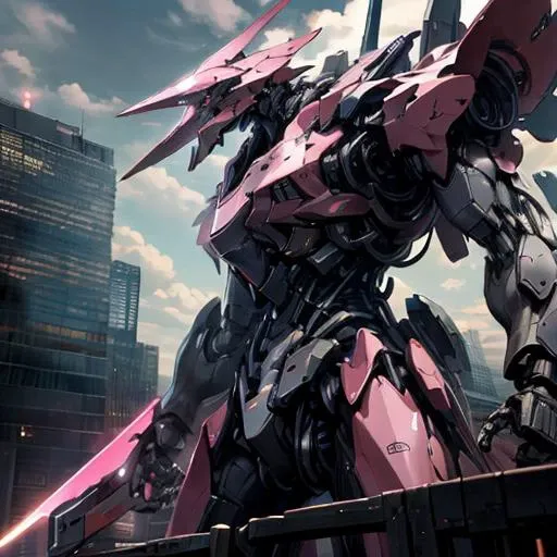 <lora:StealthMecha:1>, sky, cloud, holding_weapon, no_humans, glowing, , robot, building, glowing_eyes, mecha, science_fiction, city, realistic,light pink mecha
