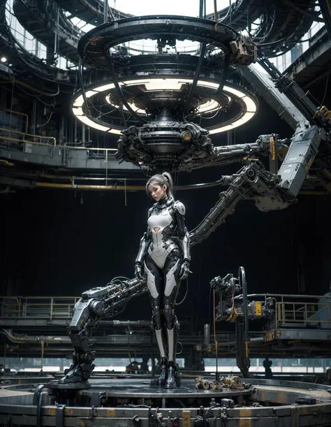 (masterpiece, best quality, high quality, highres,official art beautiful and aesthetic:1.2 )1 girl,solo:1.3,girl make up a quarter of the picture,brain-computer interface,the back of the head is wired into a computer,suspended by the pipes above,A ponytail of tubes,robotic arm,arms at sides,light armor,Hanging up,an extended body posture,feet off the ground,mecha musume,slim body,head down,pale skin,piercing,mechanical parts,robot joints,humanoid robot,cyborg,breasts,full body,science fiction,cyberpunk scenery,science fiction lab,spacecraft,mechanization,indoor,dark lab,huge lab,Futuristic technology background,circular mechanical platform on the ground,holographic interface,future machinery,bokeh,blurry background,dark background,A dark back scene,realistic,Realistic scene,photograph,artist name,cinematic lighting,quiet,top light,panorama,front view,planform,rimming light,high contrast,grey theme,cool tone,elegent,aloneness,beautiful,gloomy,film style,artstation,Blade Runner,<lora:Mecha:0.9>,