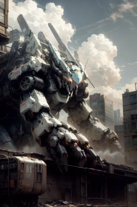 sky, cloud, no_humans, glowing, , robot, building, glowing_eyes, mecha, science_fiction, city, realistic,mecha, <lora:Mecha origin:1>