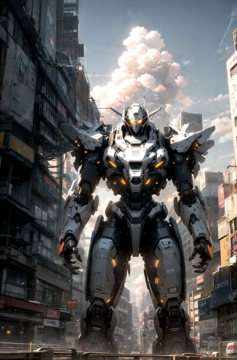 sky, cloud, no_humans, glowing, , robot, building, glowing_eyes, mecha, science_fiction, city, realistic,mecha, <lora:Mecha origin:1>