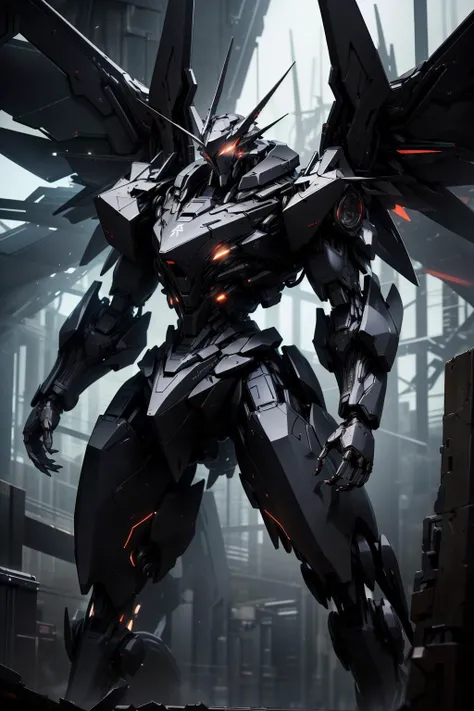masterpiece, best quality, high resolution, highly detailed, HDR, intricate detail, ultra detailed, digital art, white mecha with black highlights, large wings, red glowing eyes, <lora:StealthMecha:1>