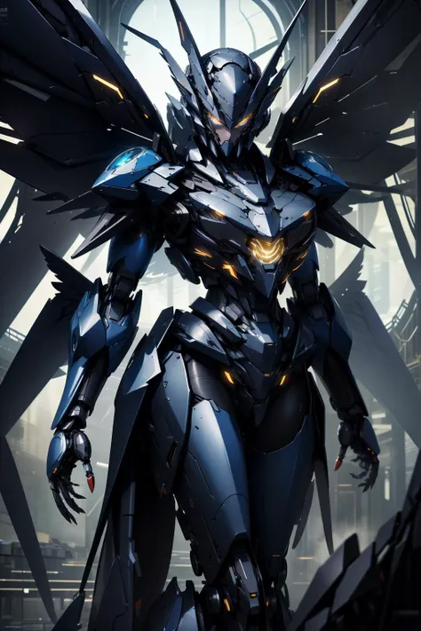 masterpiece, best quality, high resolution, highly detailed, HDR, intricate detail, ultra detailed, digital art, feminine slender (blue mecha:1.2), large wings, yellow glowing eyes, <lora:StealthMecha:1>
