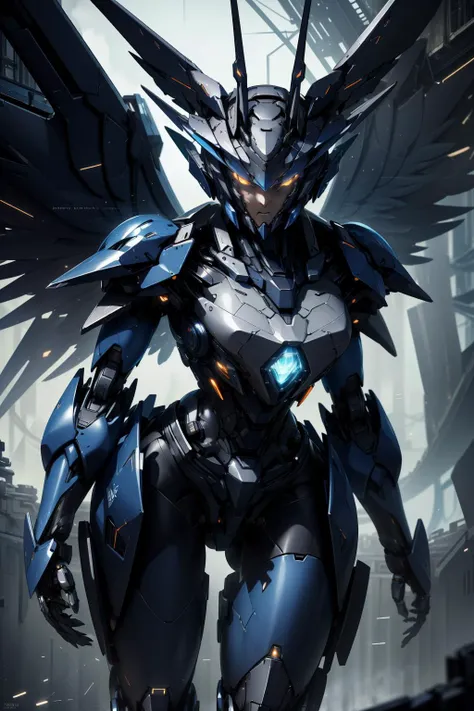 masterpiece, best quality, high resolution, highly detailed, HDR, intricate detail, ultra detailed, digital art, feminine slender (blue mecha:1.2), large wings, yellow glowing eyes, <lora:StealthMecha:1>