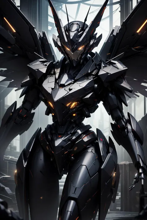 masterpiece, best quality, high resolution, highly detailed, HDR, intricate detail, ultra detailed, digital art, feminine slender (red mecha:1.2), large wings, yellow glowing eyes, <lora:StealthMecha:1>