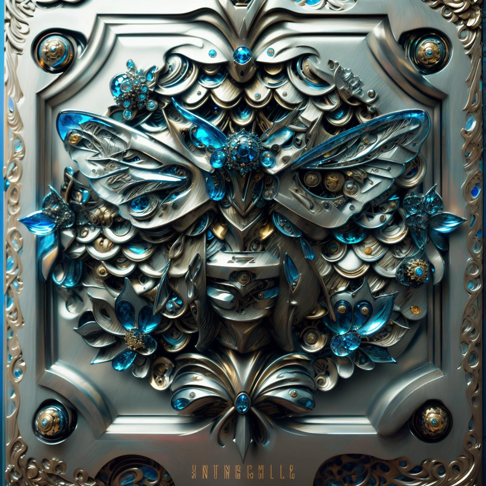 best quality,masterpiece,highres,masterpiece,Highly detailed,ultra-fine painting,sharp focus,badge,(((text"lingko"))),blue eyesï¼jewelry, ((steel,badge)),((metal)),glass ,crystal,blue glass,,gear,3D,Layered image_dir.<lora:nijiarmor_anime_v2:0.7>,<lora:Mecha - Ebony Gold Mecha:1>,<lora:Cool Hong Kong Girl:1>