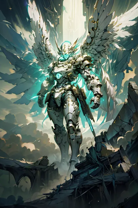 (masterpiece, best quality:1.3),extremely high detailed, intricate, 8k, HDR, wallpaper, cinematic lighting ,(universe), glowing, armor, glowing eyes, mecha, large wings,<lora:AngelicMecha:1>, ((ruins))