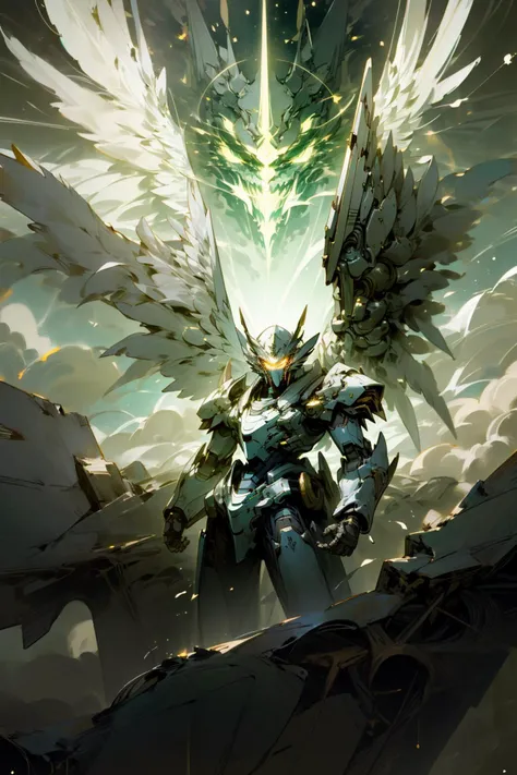 (masterpiece, best quality:1.3),extremely high detailed, intricate, 8k, HDR, wallpaper, cinematic lighting ,(universe), glowing, armor, glowing eyes, mecha, large wings,<lora:AngelicMecha:1>, ((ruins))