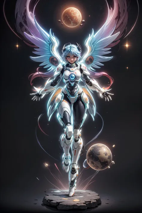 (8k,RAW photo,best quality, masterpiece:1.2),physically-based rendering,tyndall effect,surface reflection,looking at viewer,Point-of-View Shot,
(Mecha:1.1),full body,solo,glowing,armor,large wings,scientific discoveries,pastel colors,scifi,space,moon,planet,
rainbow-candy,style-swirlmagic,
<lora:universe:0.4:bg>, <lora:å¡ç½æºç²:0.3>,<lora:TalDarimMecha:0.3>,<lora:add_detail:0.3>,<lora:pastel_hair_A:1>, <lora:nlc_blue:1> open arms