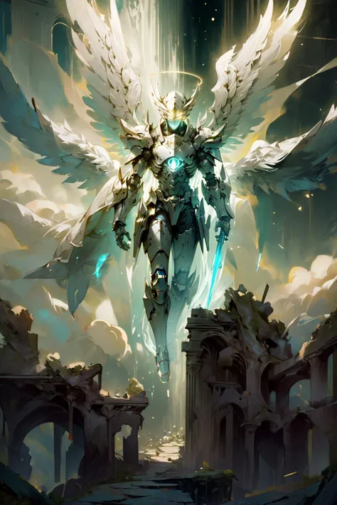 (masterpiece, best quality:1.3),extremely high detailed, intricate, 8k, HDR, wallpaper, cinematic lighting ,(universe), glowing, armor, glowing eyes, mecha, large wings,<lora:AngelicMecha:1>, ((ruins))
