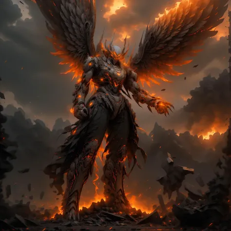 mecha towering over destroyed buildings, rubble, flying debris, glow, aura, lit by multiple fires <lora:add-detail-xl:1> <lora:r1ge - AnimeRage:1>, r1ge, angry, wings made of fire <lora:LavaMecha:1>