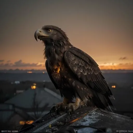 (best quality)), ((masterpiece)), ((realistic,digital art)), (hyper detailed), (photorealism), a decaying dying old eagle robot, dark, old paint, 80s japan design, very detailed, accents of glowing light, volumetric fog, volumetric lighting, imax, volumetric glow, noir, close up, trash pile background, dense trash in foreground, brown hues, many antennas, deep orange sky