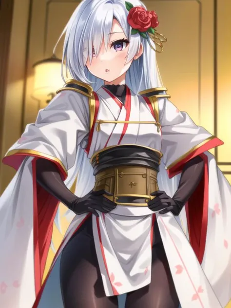 indoors, 1girl,hands on hip,arm down, cowboy shot, <lora:sirakawakomine_v1:0.71>sirakawakomine,white hair,long hair,white kimono, hair ornament, hair over one eye,bodystocking,long skirt, black gloves,, <lora:flatBG:-0.45> ,<lora:flat2:-0.45>,(dark light:1.2),(hyper extreme detailed),(masterpeace),(hyper extreme),(photorealistic),game cg,llustration,novel illustration,beautiful lighting,light from the front,
