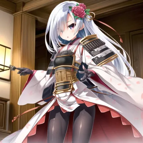 indoors, 1girl,hand on hip,open hand,arm down, cowboy shot, <lora:sirakawakomine_v1:0.9>sirakawakomine,white hair,long hair,white kimono, hair ornament, hair over one eye,bodystocking,long skirt,, <lora:flatBG:-0.45> ,<lora:flat2:-0.45>,(dark light:1.2),(hyper extreme detailed),(masterpeace),(hyper extreme),(photorealistic),game cg,llustration,novel illustration,beautiful lighting,light from the front,