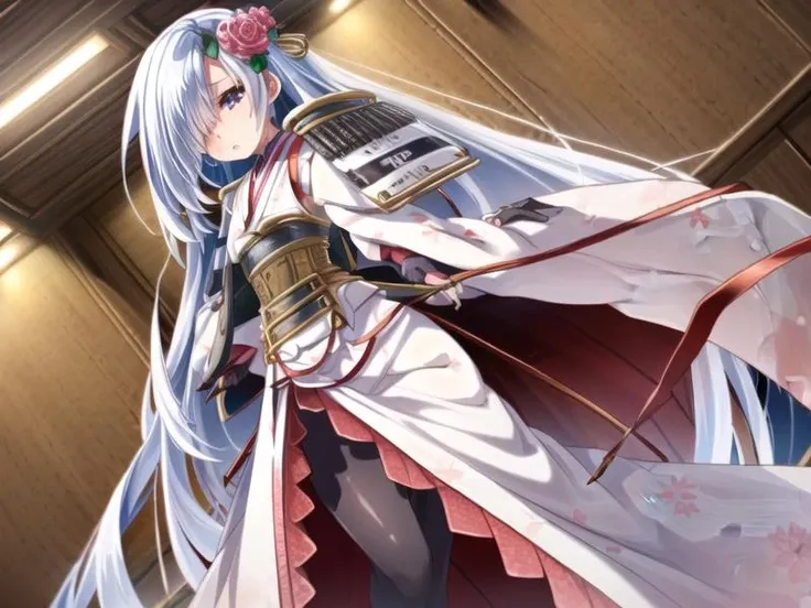 indoors, 1girl,full body,hand on hip,   <lora:sirakawakomine_v1:0.9>sirakawakomine,white hair,long hair,white kimono, hair ornament, hair over one eye,bodystocking,long skirt,, <lora:flatBG:-0.45> ,<lora:flat2:-0.45>,(dark light:1.2),(hyper extreme detailed),(masterpeace),(hyper extreme),(photorealistic),game cg,llustration,novel illustration,beautiful lighting,light from the front,
