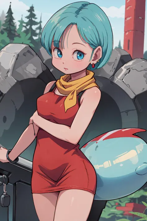 1girl, solo, dragon ball, blmshort, aqua hair, very short hair, earrings, jewelry, red dress, medium breasts, yellow scarf, short dress, sleeveless, <lora:bulma_9:0.6> masterpiece, best quality, highres, outdoors,