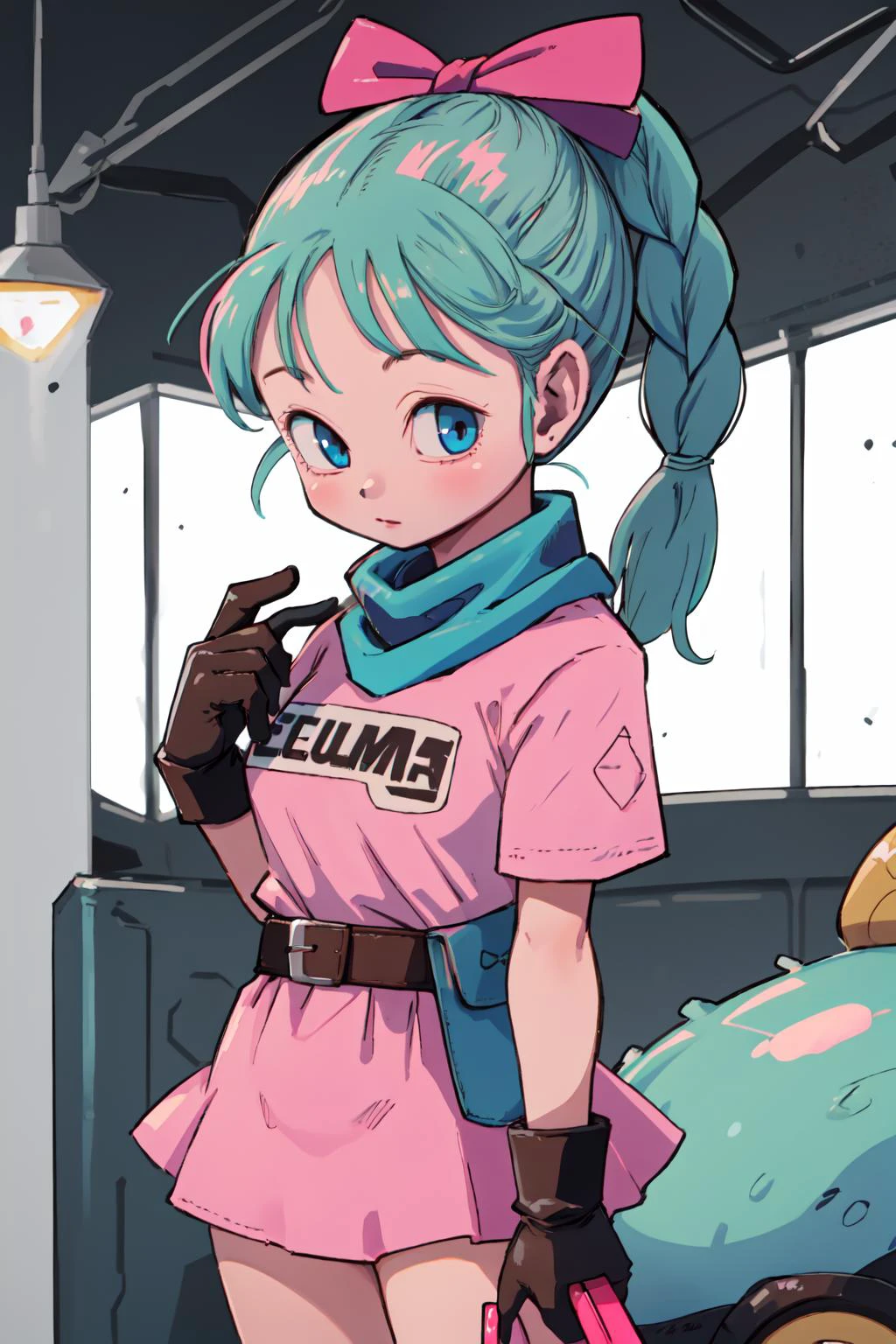 1girl, solo, dragon ball, blmpony, aqua hair, hair ribbon, braided ponytail, pink shirt, belt, scarf, pink skirt, clothes writing, brown gloves, medium breasts, <lora:bulma_9:0.7>