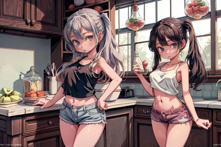 two pretty girls in a kitchen, casual style, tee shirt, tank top, jean's, shorts, wide hips, big boobs, (glasses:0.25), chair, table, fruit, bottle, food, (best quality:0.75), (3d:0.75), (realistic:0.25), (masterpiece:0.75), <lora:AtomicHips2:1>, <lora:add_detail:1>