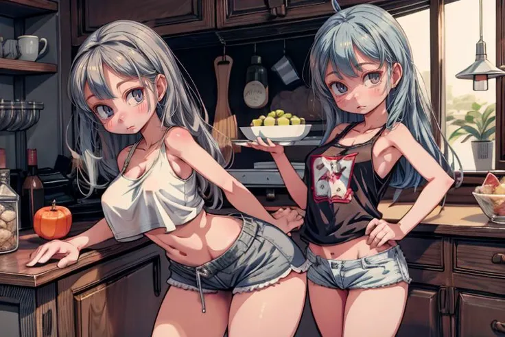 two pretty girls in a kitchen, casual style, tee shirt, tank top, jean's, shorts, wide hips, big boobs, (glasses:0.25), chair, table, fruit, bottle, food, (best quality:0.75), (3d:0.75), (realistic:0.25), (masterpiece:0.75), <lora:AtomicHips2:1>, <lora:add_detail:1>