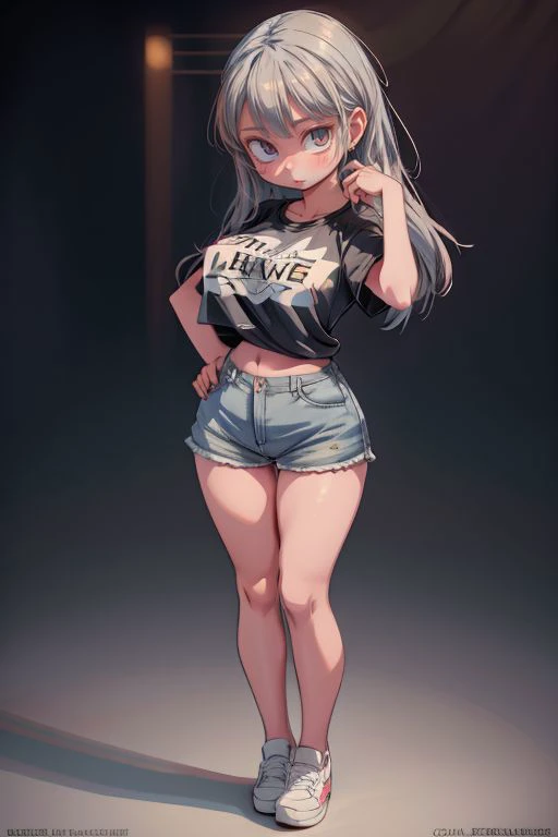 a pretty girl, standing up, full body, casual style, tee shirt, shorts, wide hips, big boobs, (best quality:0.75), (3d:0.75), (realistic:0.25), (masterpiece:0.75),    <lora:AtomicHips2:1>, <lora:add_detail:1>