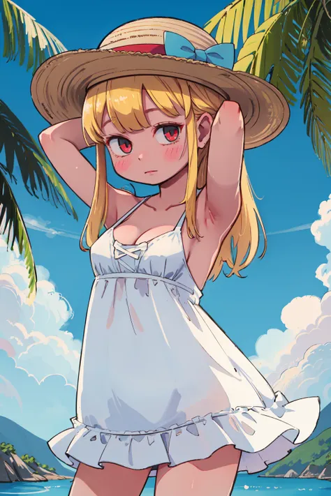 (masterpiece, top quality, best quality, official art, beautiful and aesthetic:1.2),
1girl, adjusting_clothes, adjusting_headwear, arm_behind_head, armpits, bangs, beach, bikini, bikini_under_clothes, blonde_hair, blue_sky, blush, breasts, cleavage, day, dress, eyebrows_visible_through_hair, hat, long_hair, looking_at_viewer, medium_breasts, outdoors, red_eyes, sky, solo, straw_hat, sun_hat, sundress, swimsuit, water, white_dress