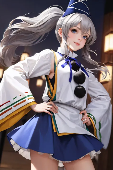 (masterpiece, best quality:1.2), <lyco:touhou_futo-10:1.0>, cowboy shot, solo, 1girl, tpfuto, smile, looking at viewer, hand on hip, grey hair, ponytail, hat, tate eboshi, japanese clothes, kariginu, pom pom \(clothes\), wide sleeves, ribbon-trimmed sleeves, blue skirt