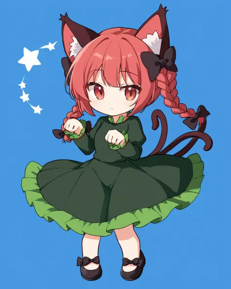 kaenbyou rin,1girl, solo, twin_braids, :3, cat_tail, paw_pose, chibi, green_dress, two_tails, black_bow, nekomata, hair_bow, long_sleeves, full_body, looking_at_viewer, slit_pupils, animal_ear_fluff, simple_background, blue_background, black_footwear, leg_ribbon
<lora:kaenbyou_rin_image6792_2023-12-20:1>,star-shaped_pupils,symbol-shaped_pupils,. gorgeous,key visual, vibrant, studio anime,award-winning, professional, highly detailed,high budget, cinemascope