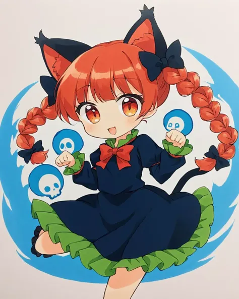 kaenbyou rin,1girl, solo, twin_braids, chibi, dress, traditional_media, paw_pose, black_bow, skull, looking_at_viewer, :3, hair_bow, multiple_tails, open_mouth, :d, hitodama, cat_tail, long_sleeves, artist_name, red_bowtie, nekomata, blue_fire, upper_body, twitter_username, twintails
<lora:kaenbyou_rin_image6792_2023-12-20:1>,star-shaped_pupils,symbol-shaped_pupils,. gorgeous,key visual, vibrant, studio anime,award-winning, professional, highly detailed,high budget, cinemascope