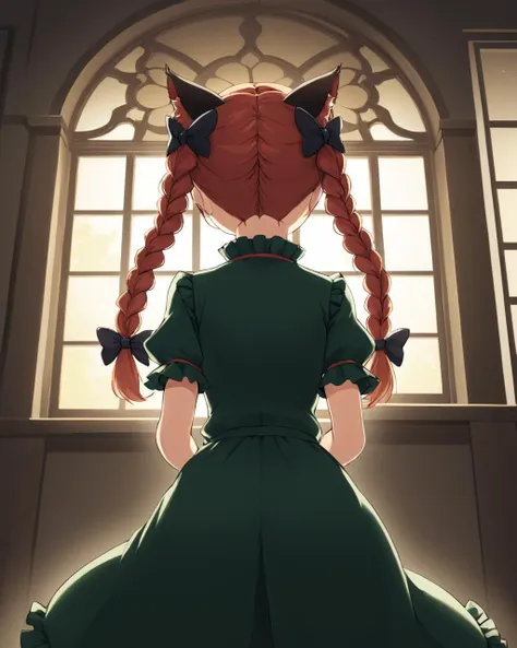 kaenbyou rin, twin_braids, hair_bow, green_dress, cat_tail, juliet_sleeves, black_bow, window, two_tails, solo, from_behind, nekomata, indoors, 1girl, frilled_sleeves, 2girls, facing_away, solo_focus, ribbon, twintails
<lora:kaenbyou_rin_image6792_2023-12-20:1>,star-shaped_pupils,symbol-shaped_pupils,. gorgeous,key visual, vibrant, studio anime,award-winning, professional, highly detailed,high budget, cinemascope