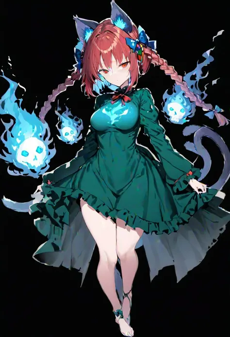 masterpiece, best quality, ultra-detailed, beautiful, nai3, 1girl, solo, full_body, tachi-e,
kaenbyou_rin, 1girl, animal ears, red hair, short hair, twin braids, red eyes, hair bow, multiple tails, ribbon, green dress, nekomata, hitodama, blue fire, skull, twin braids, hair bow, green dress, long sleeves, cat tail, multiple tails,