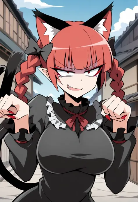 masterpiece, best quality, anime style, 
1girl, kaenbyou rin, touhou, 
braid, twintails, blunt bangs, hair bow, 
cat ears, cat tail, 
makeup, eyeshadow, eyelashes, lip, 
large breasts, 
frilled black dress, long sleeves, 
nail polish, 
constricted pupils, 
smug, 
fang, 
paw pose, 
upper body, 
outdoors,