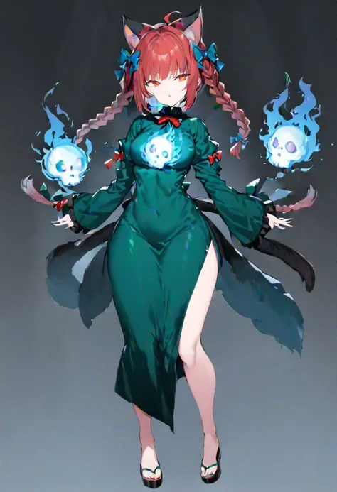 masterpiece, best quality, ultra-detailed, beautiful, nai3, 1girl, solo, full_body, tachi-e,
kaenbyou_rin, 1girl, animal ears, red hair, short hair, twin braids, red eyes, hair bow, multiple tails, ribbon, green dress, nekomata, hitodama, blue fire, skull, twin braids, hair bow, green dress, long sleeves, cat tail, multiple tails,