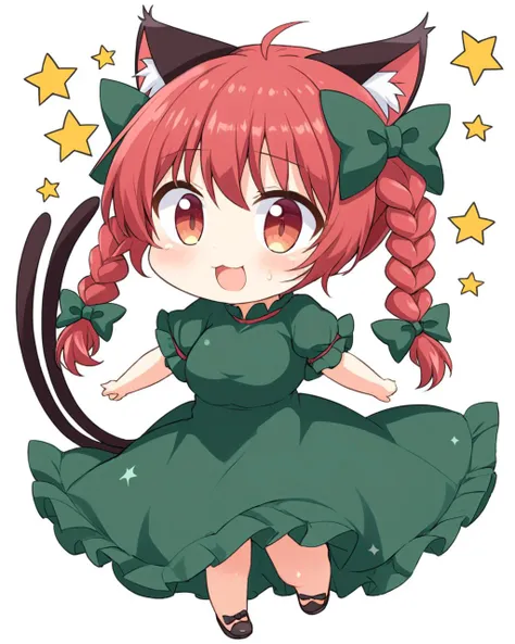 kaenbyou rin,1girl, solo, fang, chibi, twin_braids, multiple_tails, green_dress, cat_tail, open_mouth, hair_bow, sweat, white_background
<lora:kaenbyou_rin_image6792_2023-12-20:1>,star-shaped_pupils,symbol-shaped_pupils,. gorgeous,key visual, vibrant, studio anime,award-winning, professional, highly detailed,high budget, cinemascope