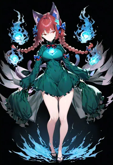 masterpiece, best quality, ultra-detailed, beautiful, nai3, 1girl, solo, full_body, tachi-e,
kaenbyou_rin, 1girl, animal ears, red hair, short hair, twin braids, red eyes, hair bow, multiple tails, ribbon, green dress, nekomata, hitodama, blue fire, skull, twin braids, hair bow, green dress, long sleeves, cat tail, multiple tails,
